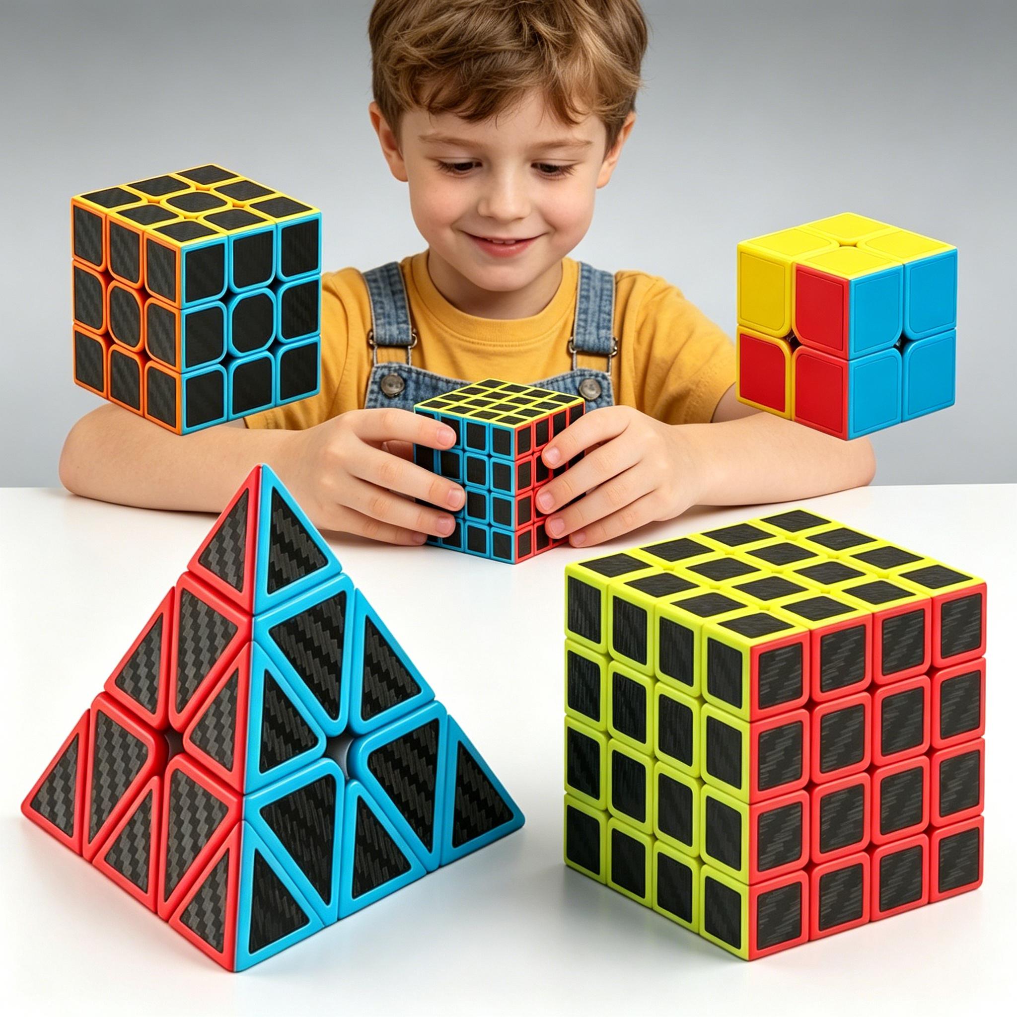 Speed Cube Set, 4 Pack Magic Cube Bundle Includes 2x2x2 3x3x3 4x4x4 Pyramid Puzzle Cube, Carbon Fiber Sticker Smooth Turning Brain Teaser Toy, Birthday Party Christmas Stocking Stuffers Gift for Kids Teens Adults