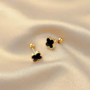 Women's Gold-Plated Clover Motif Plug Earrings, Gold-Tone Lucky Flower Dainty Fashion Jewelry, Lightweight Minimalist Everyday Fashionable Jewelry Accessories, Cute Simple Gift for Her
