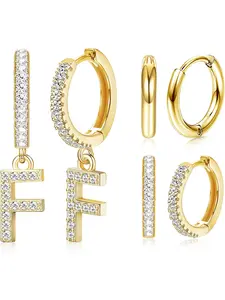 3 Pairs Initial Dangle Hoop Earrings for Women Cubic Zirconia Letter Huggie Earrings Alphabet Letter F