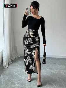 Tropical Print Long Dress, Long Sleeve, Vacation Beach Women's Clothing, Stylish Summer, Perfect for Holiday Getaways, Womenswear