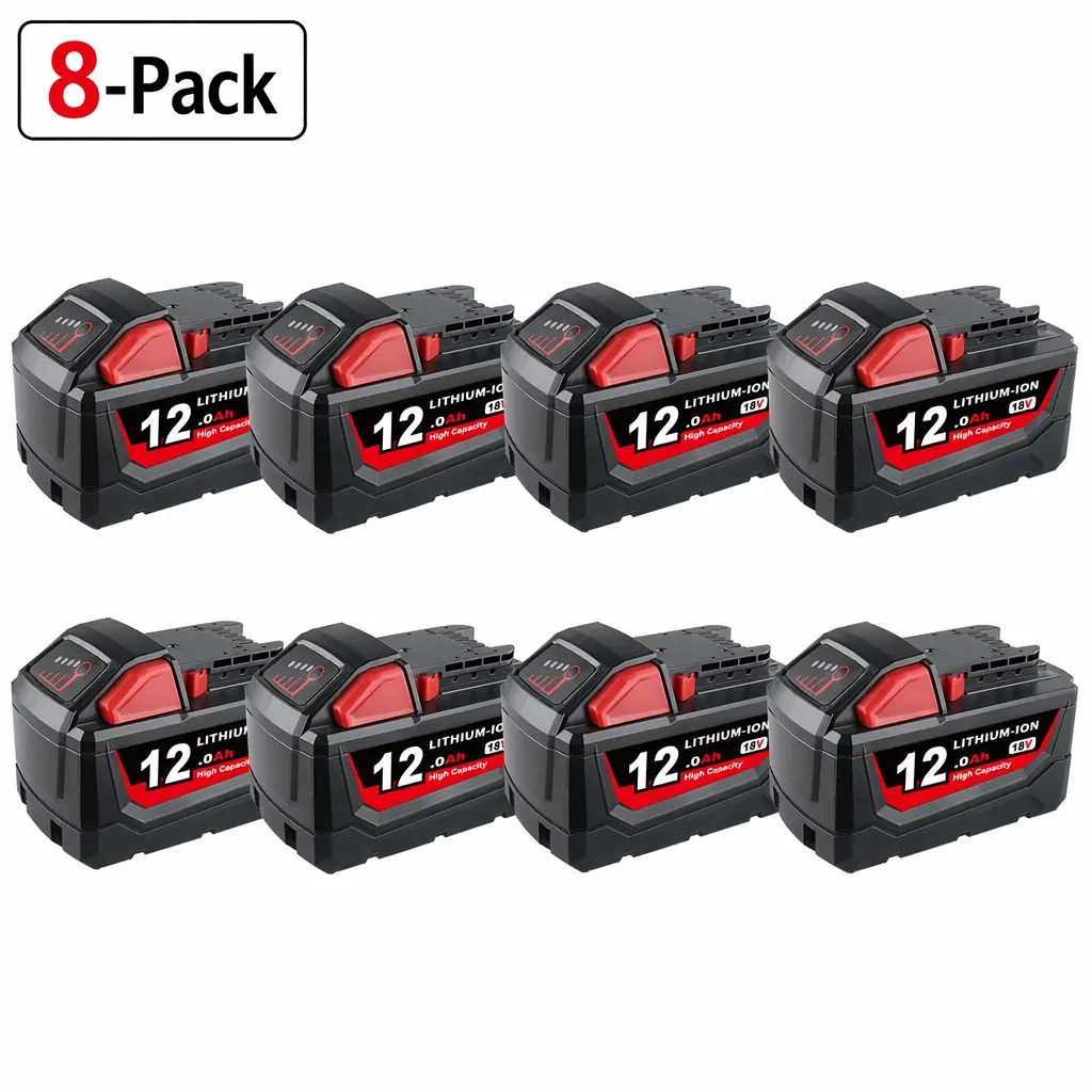 8-Pack 18V 12.0Ah Lithium-Ion Replacement Batteries Compatible with Milwaukee M18, 12000mAh Rechargeable Battery Packs for Cordless Power Tools