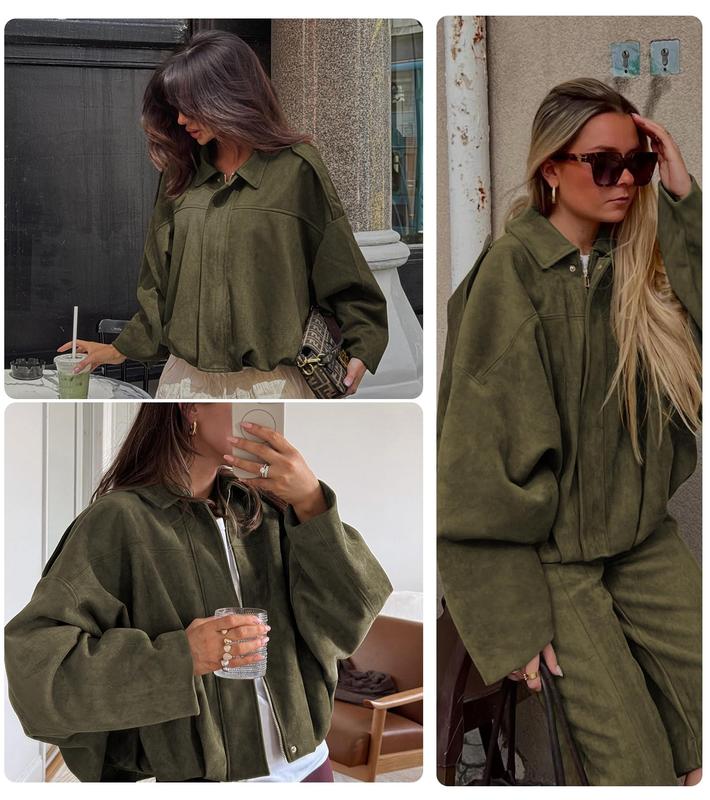 Women's Casual Army Green Jacket with Lapel Design Batwing Sleeves Button Front Lightweight Fashionable for Spring Autumn Winter All Match Tops Coats Womenswear Outerwear Fitted Basic Collared Minimalist length sleeve Dark Brown