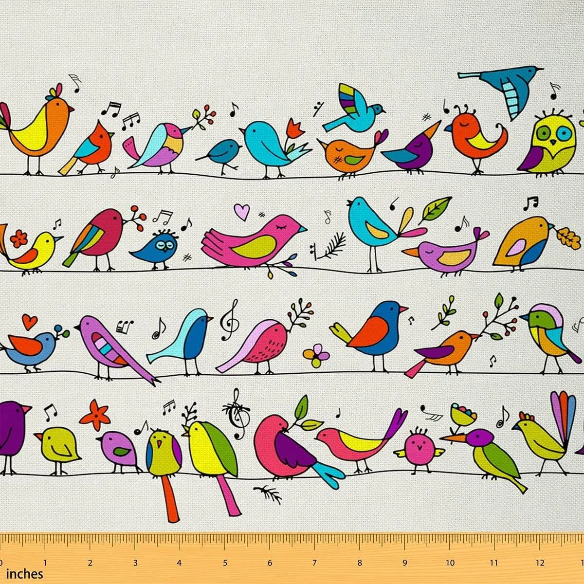 Birds Pattern Fabric Music Notes Geometric Lines Decorative Fabric Soft Flannel Polyester No Stretch Cute Flower Leaves Plants Outdoor Soft Flannel Polyester No Stretch Fabric