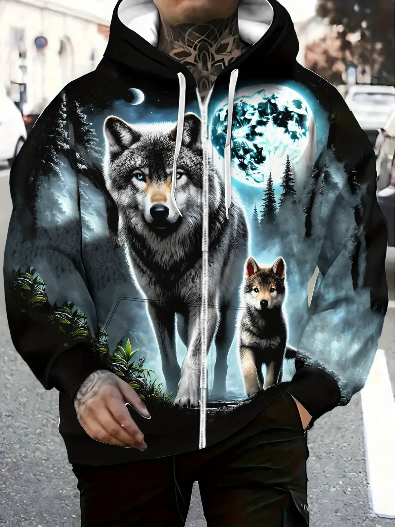 Men's Fashionable 3D Printed Outdoor Hoodie with Animal Wolf Pattern, Street Style Hoodie with Hood and Front Pocket, Designer Hoodie