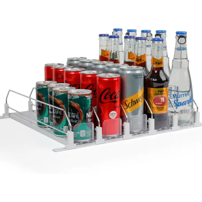 Drink Organizer for Fridge with Pusher Glide, 5 Rows Spring Loaded Fridge Drink Dispenser, Self Pushing Soda Can Organizer for Refrigerator, Bottle Beverage Organizer for Fridge Drink Holder
