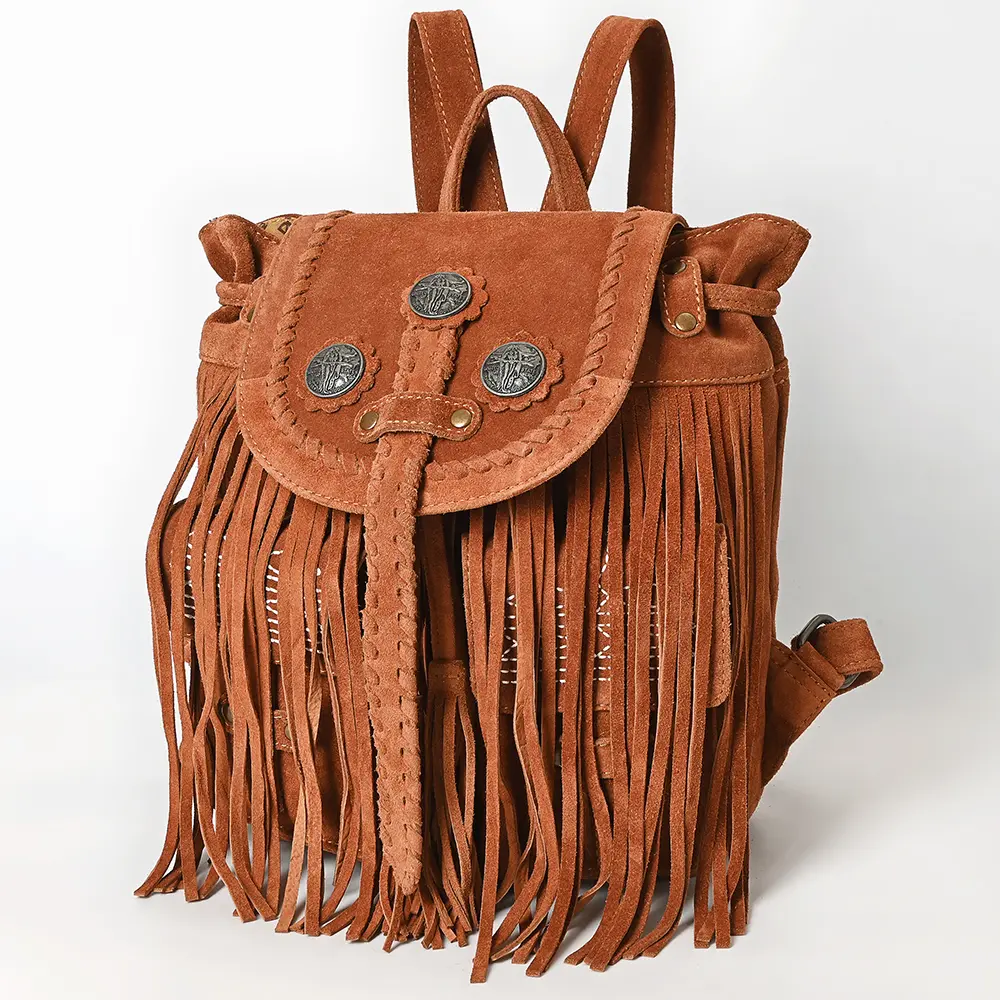 American Darling Western Backpack Bag Handcrafted from Genuine Suede Leather | Full Fringe, Concho Studs, Boot Stitched Flap & YKK Zipper