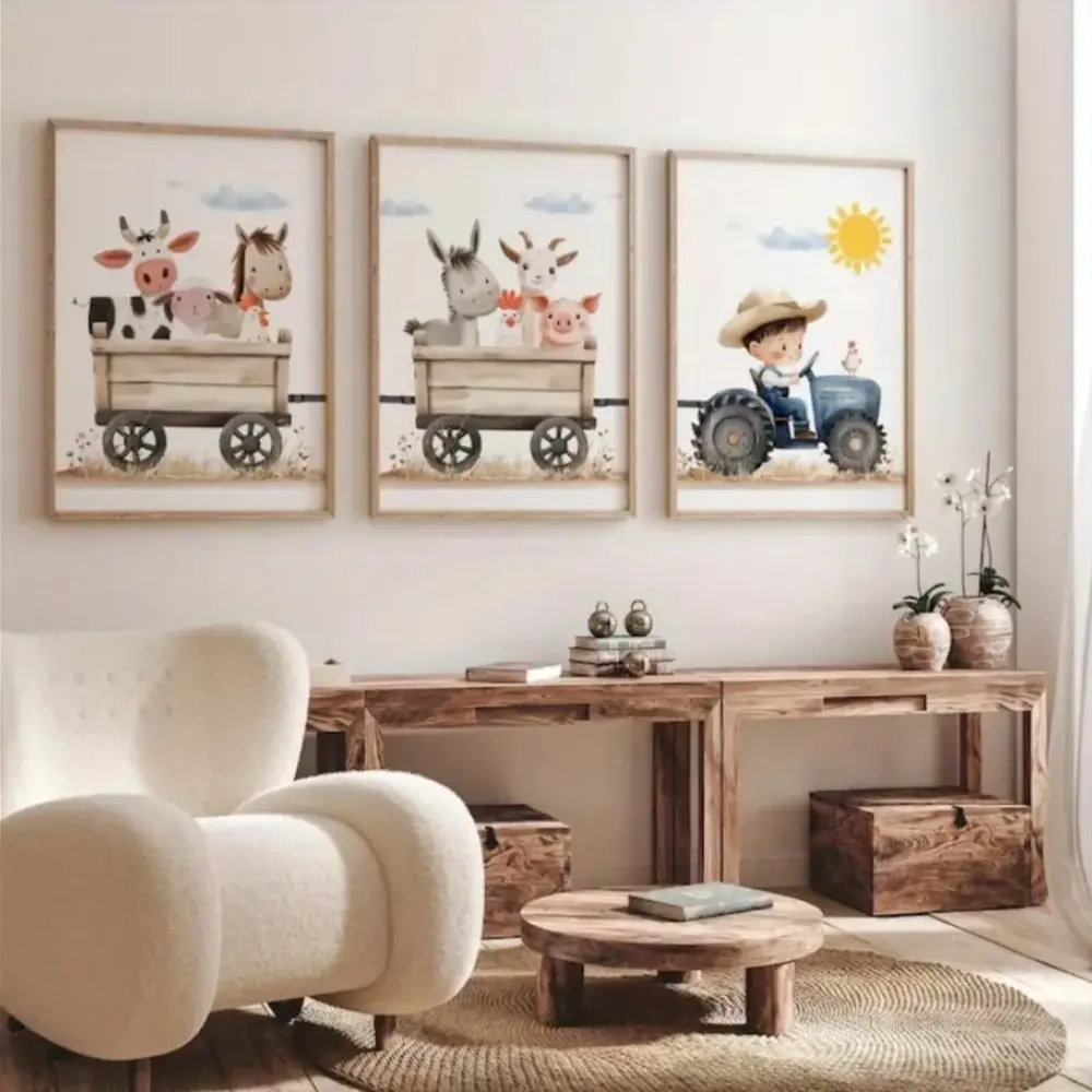 3 Pieces Farm Animal Barn Tractor Art Prints, Country Childlike Wall Mural, Natural Pastoral Home Art, Kids Gallery Decor, Soft Tone Painting, Wall Decor for Kids Room and Playroom, Framed or Unframed.