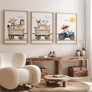 3 Pieces Farm Animal Barn Tractor Art Prints, Country Childlike Wall Mural, Natural Pastoral Home Art, Kids Gallery Decor, Soft Tone Painting, Wall Decor for Kids Room and Playroom, Framed or Unframed.