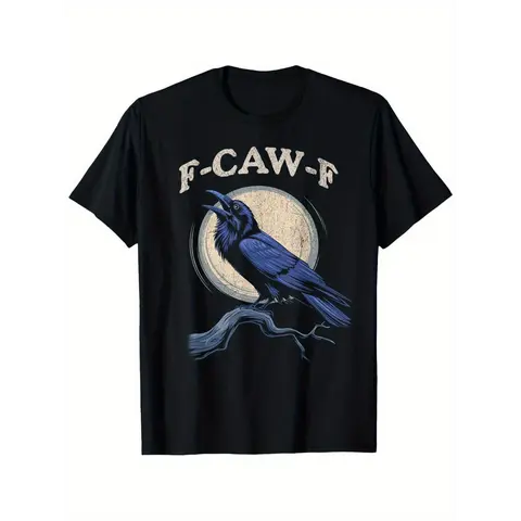 Men's Cotton Menswear Graphic Tee - Funny Crow & Raven F-Caw-F Prints, Soft Classic Round Neck Short Sleeve, Gothic Lettering, Loose Fit, Slight Stretch, Breathable, Machine Washable Casual Streetwear T-Shirt