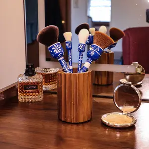 Hand Painted Blue Talavera Inspired Wooden Makeup Brush Set of 4