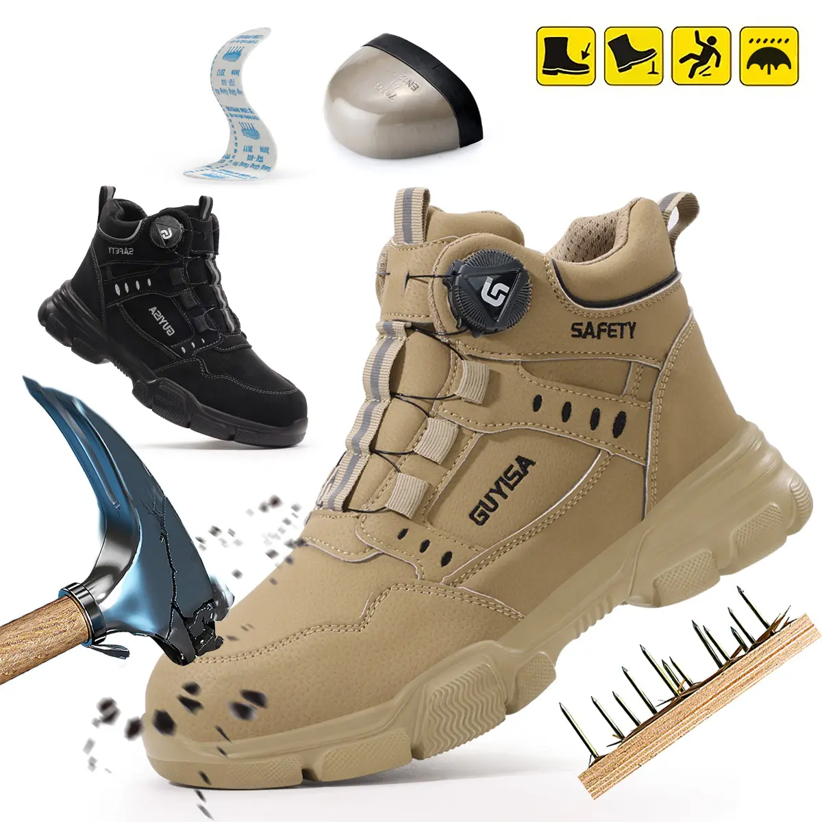 GUYISA Smart Buckle Safety Shoes, High Top Work Boots, Work Safety Footwear, Work Protective Shoes, Worker, Anti-Compression, Steel Toe, Kevlar Sole, Ideal for Heavy Industry, Shipbuilding, Mining