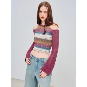 Cider [size 2-26] Wool-blend Halter Neckline Colorblock Crop Long Sleeve Top