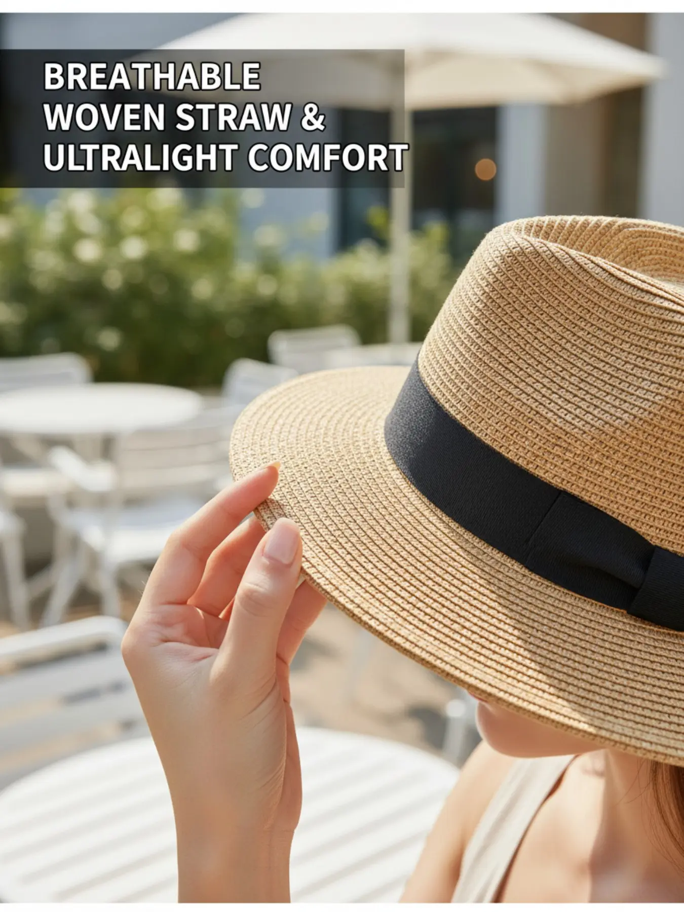 Women Boho Straw Sunhat, Casual Trendy Hat, Panama Style Bow Design, Fitted Plain Pattern, All-Season Travel Accessory, Lightweight & Breathable, Casual Outdoor Hat