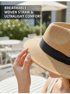 Women Boho Straw Sunhat, Panama Style Bow Design, Fitted Plain Pattern, All-Season Travel Accessory, Lightweight & Breathable