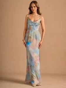 Azazie Aimee Cowl Neck Adjustable Straps Floral Jacquard Watercolor Wedding Guest Maxi Gown