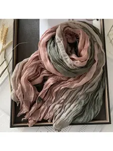 New scarf with cotton and linen feel, Casual Soft Scarf, gradient blue autumn and winter scarf, vintage versatile printed women's long strip pleated shawl