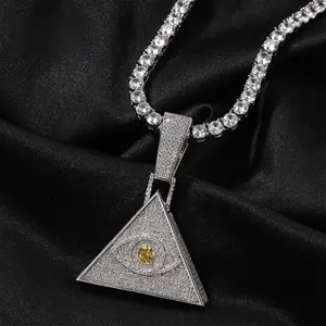 Iced Out Pyramid Eye Pendant Necklace - Copper Base with 5A Grade CZ Zircon, Hip Hop Punk Streetwear Unisex Statement Jewelry