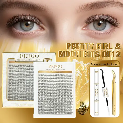 FEEGO Natural C Curl DIY 168pcs Lashes Extension Kit Lash Clusters Wispy 9-12mm with Waterproof Bond Seal & Tweezers Eyelashes Extensions at Home