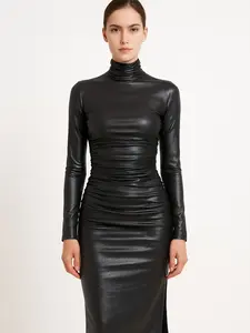 Charcoal Long-sleeved Midi Dress for Evening Wear Formal Events Cocktail Parties Contemporary Fashion Glitter Form-Fitting Elegant Silhouette