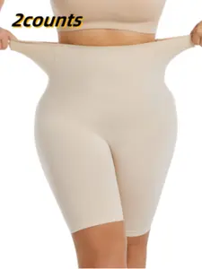 [Plus Size] Women's Solid High Waist Shapewear Shorts, High Stretch Girdle, Breathable Comfortable Firm Tummy Control Butt Lifting Shaper, Ladies Shapewear Bottoms for Daily Wear, Apricot, Invisible Shapewear