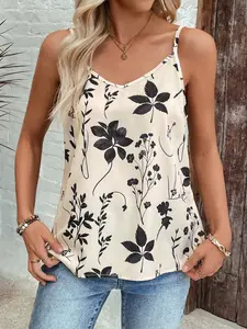 French Style Chic Loose Fit Tank Top, Velvet Texture, Floral Pattern, Slimming Design, Casual Everyday Wear, High-Quality Fabric