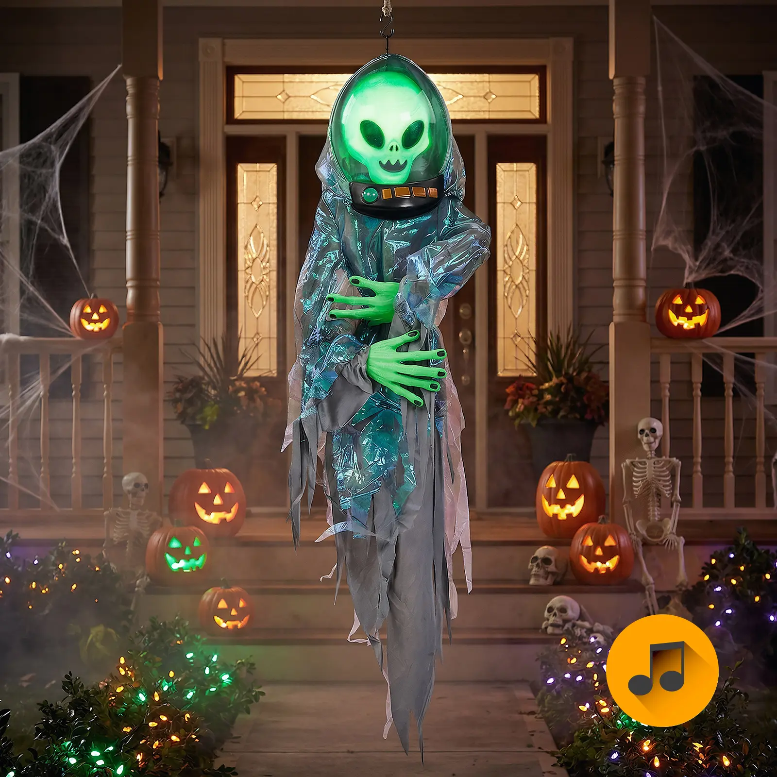 Ubesgoo 4.5FT Lightweight Spooky Hanging Alien Halloween Prop, Sound-Activated, Green LED Head Light, White Indicator Light, Alien Language Sound Effects, Battery Operated (Batteries Not Included) for Trees