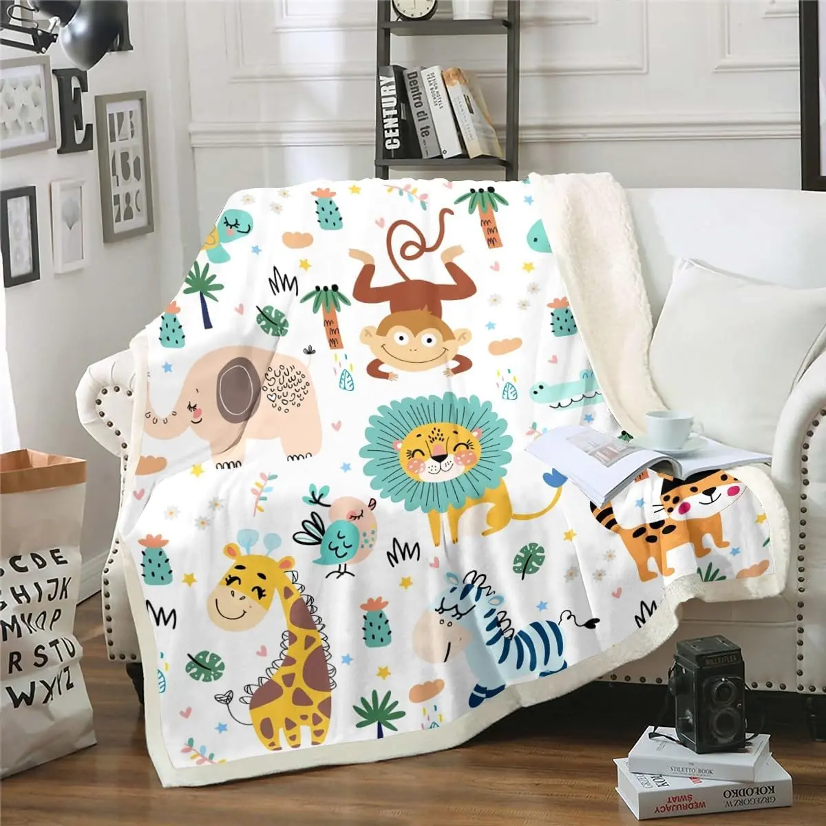 Cartoon Jungle Animals Sherpa Blanket Safari Zoo Animals Fleece Throw Blanket Lion Tiger Monkey Giraffe Fuzzy Blanket for Sofa Bed Couch,Baby