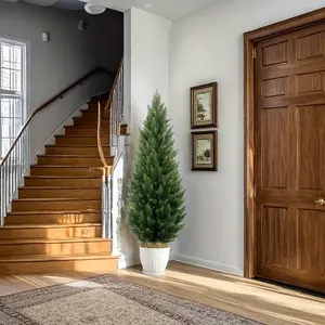 Artificial Topiary Cedar Trees 3/4/5ft Tall, Outdoor Indoor Faux Pine Shrubs Plants, Realistic Fake Plants Front Porch Decor, Artificial Bushes Cypress for Home Front Door Offices, 1/2 Set