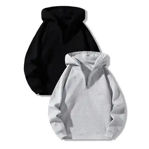 Men's Solid Zip Up Half Hoodie, Casual  Cozy Long Sleeve Hooded Sweatshirt for Fall & Winter, Men's Clothes for Daily Wear