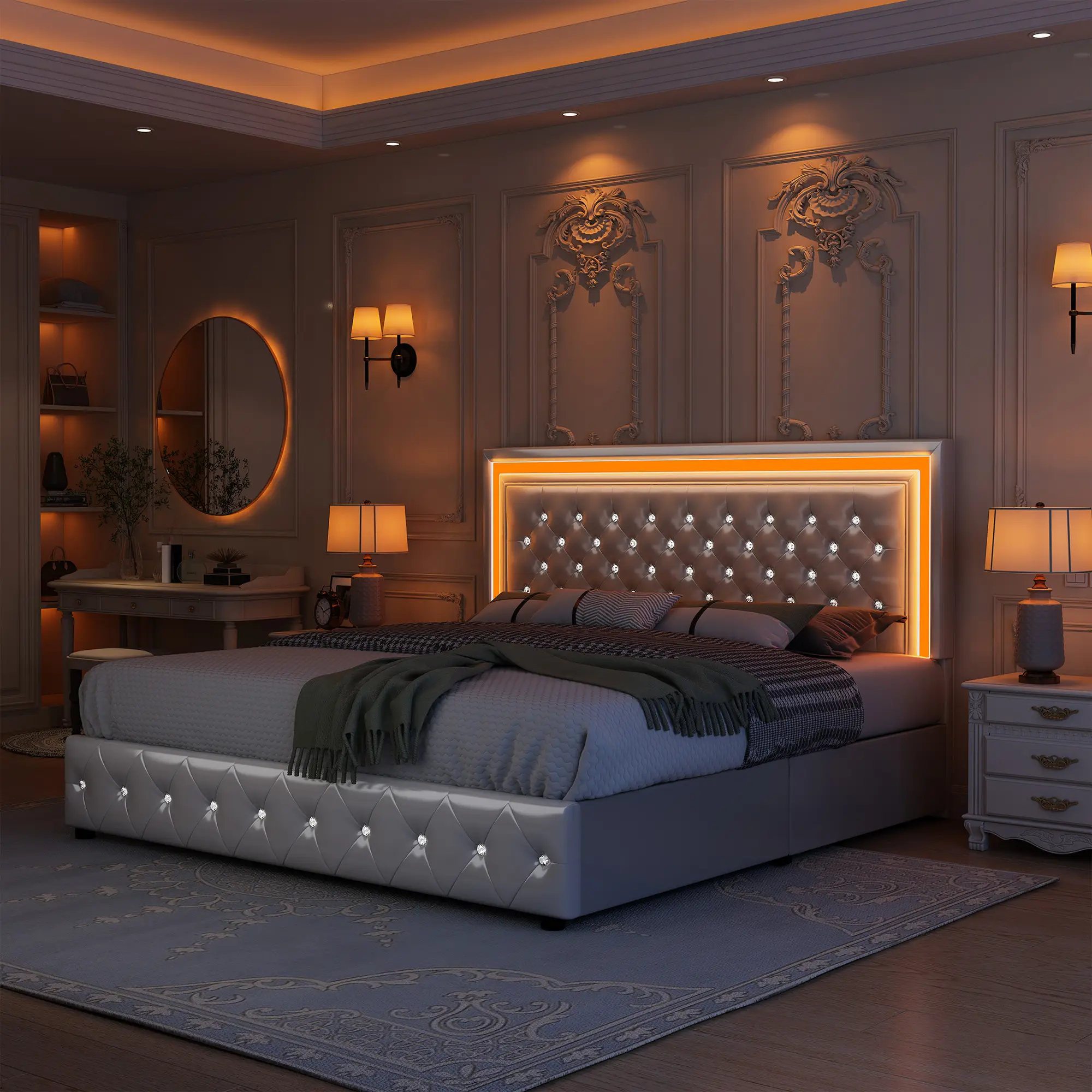 GEGOFORU Queen LED Smart Bed with Adjustable Upholstered Headboard, RGB Light Strip, 4 Under-Bed Storage Drawers, Whisper-Quiet, App & Bluetooth Contr