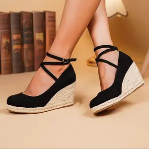 Elegant Women's Espadrille Wedge Heels with Crisscross Ankle Strap, Non-Slip, All-Season Thick Platform, Comfortable Black