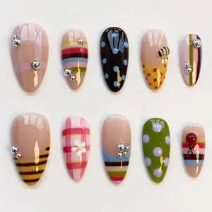D8 - Retro Mixed Pattern Press-On Nails, Colorful Stripe Plaid Dot Design with Crystal Accents, Glossy Neutral Base Handmade Nail Set for Playful Everyday Vibes, Gift for Her, Trendy Nails