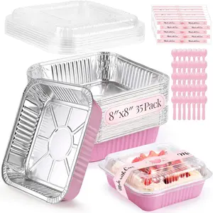 35 Pack 8x8 Inch  Disposable  Pans with , Spoons, 8 Inch Square Cake Tins Containers - Foil Baking Pans for Brownies, Meal Prep, Cinnamon Roll Pan, Freezer to Oven, Bake Pack Sell
