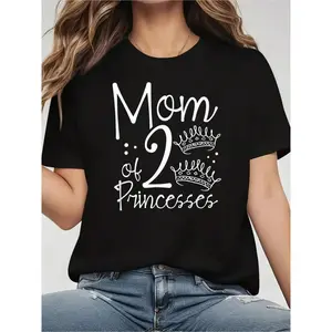 Mom Of Two Princesses Family Love Twin Mama Mother's Day T-Shirt- 100% Cotton Women's Casual Short Sleeve Crew Neck T-Shirt For All Seasons