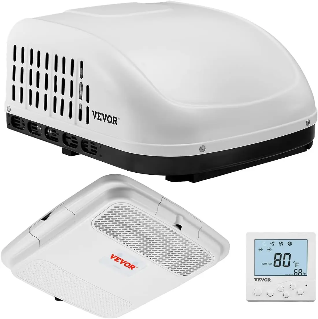 VEVOR Rooftop RV Air Conditioner, 15000 BTU Non-Ducted Unit with Rooftop Cooling, 65 dB Quiet Operation, Air Distribution Box, Operation Panel & Installation Hardware for Campers, Trailers (White)