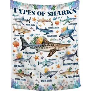 Types of Sharks Educational Throw Blanket, Ocean Lover Themed Cozy Blanket, Soft Fluffy Lightweight Blanket for All Seasons, Anti-Pilling Washable Decorative Blanket, Multiple