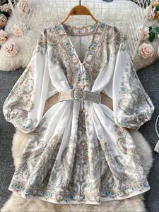 Women's Short Long-Sleeved Dress, Fashionable V-Neck Bohemian Style, Printed Hem Decorative Button, Autumn Winter Resort Wear, Short Skirt