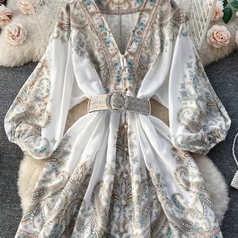 Women's Short Long-Sleeved Dress, Fashionable Chic V-Neck Fitted Style, Boho Design, Boho Style Fitted, Geometric Printed Hem Decorative Button, Autumn Winter Resort Wear, Short Skirt, Casual Wear, Bohemian Style Dresses, Womenswear