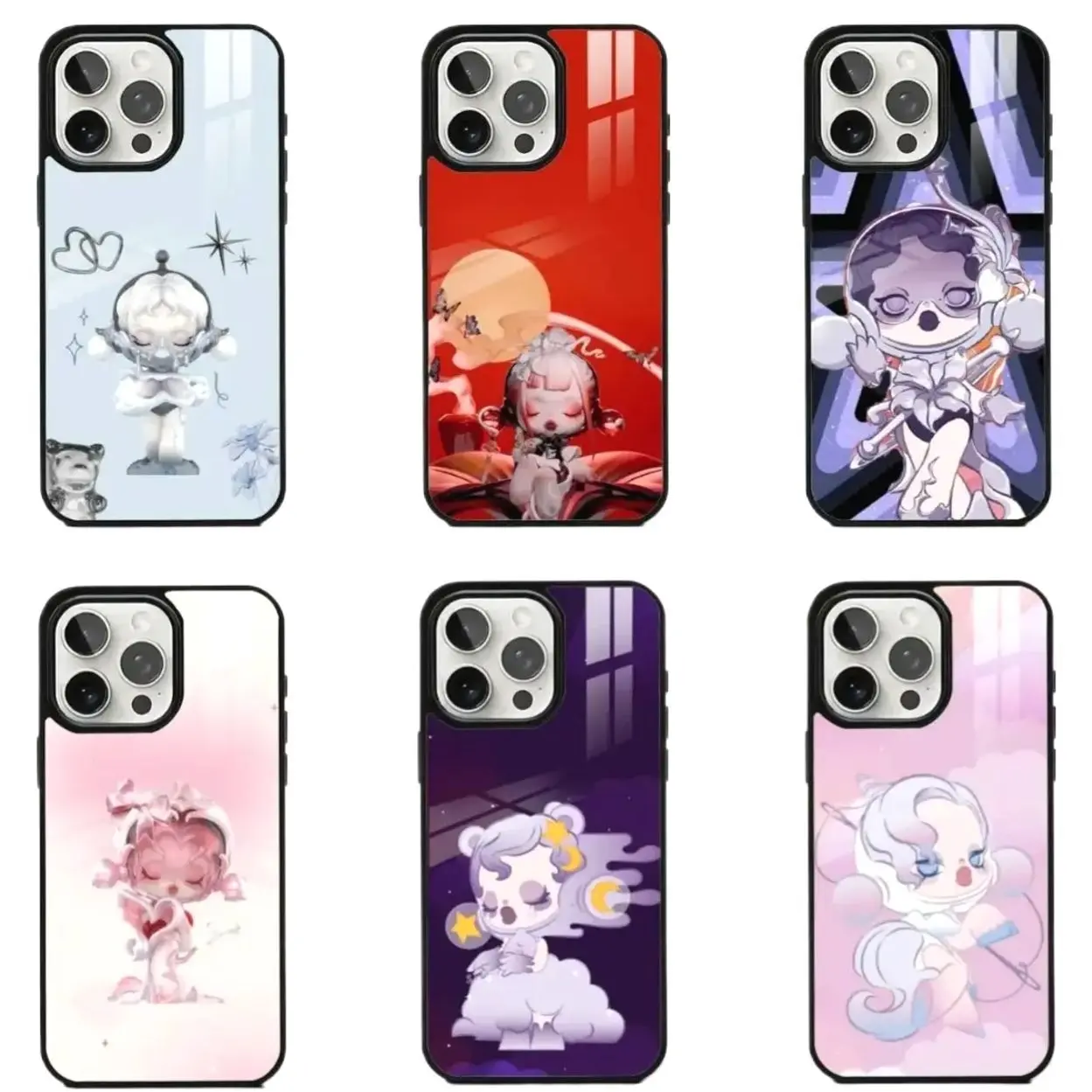 Cute Doll S-Skull P-Panda Mirror Glass Phone Cases For iPhone 17 Promax Pro Air 16 Plus 15 14 13 12 11 Shockproof Protective Cover Perfect Christmas Halloween Birthday Gift