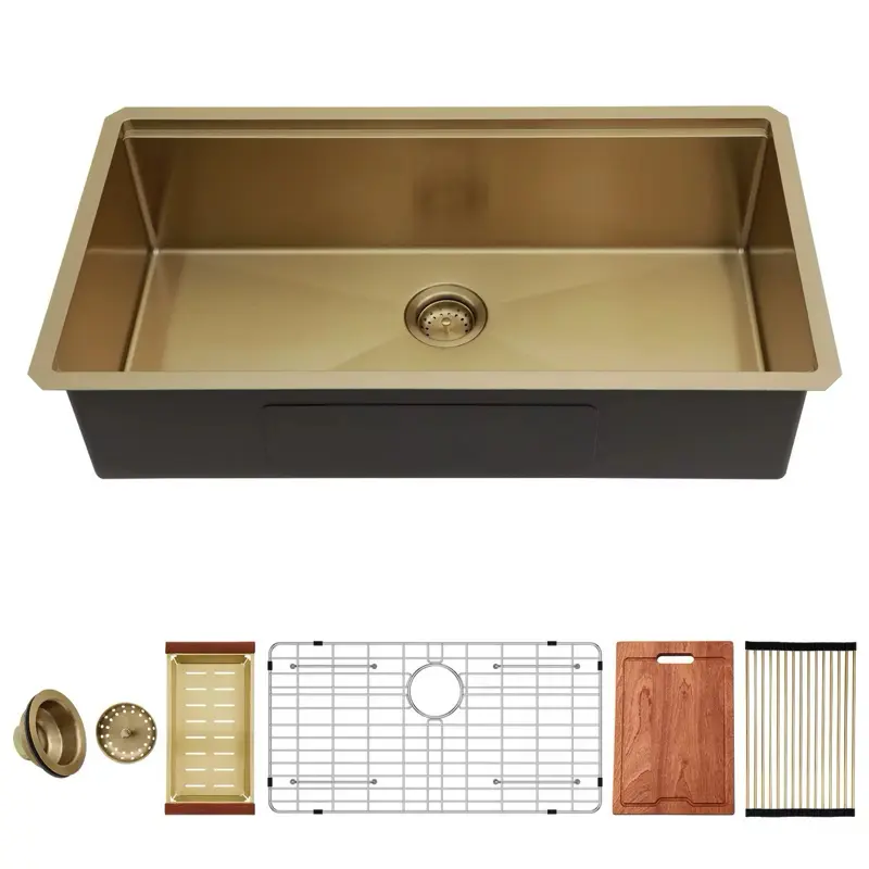 304 Stainless Steel Undermount Workstation Sink, 36x19 Inches Single Bowl, Gold Finish