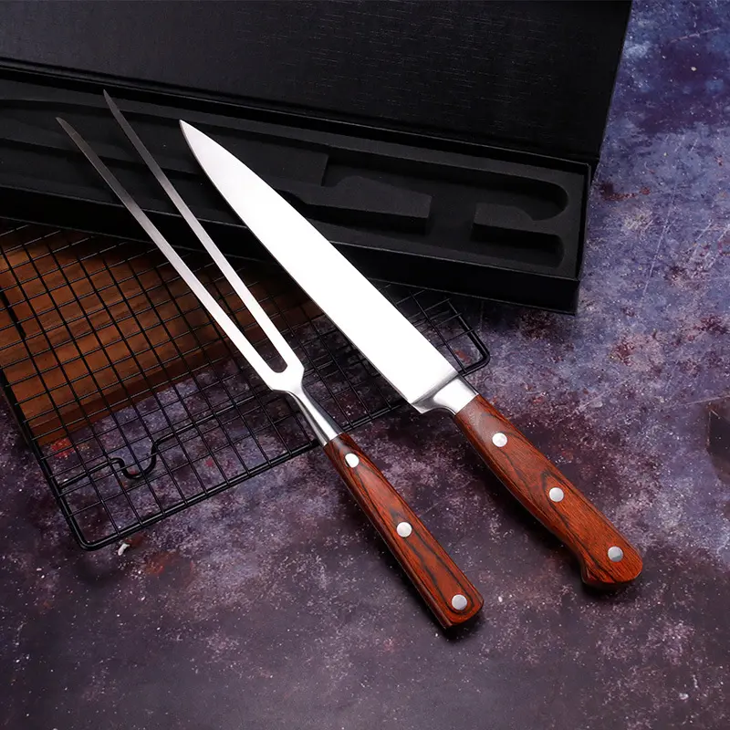 FINDKING 2 Pcs 8 Inch Fork & 7.5 Inch Carving Knife, Stainless Steel Forged Carving Fork, Kitchen Roast Grilling BBQ Barbecue Must-have, Kitchen Chef Knife, Razor-Sharp Blade,Wood Handle With Gift Box