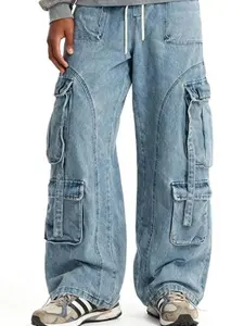 Bakyarder Men's Vintage Washed Cargo Jeans, High Waist, Baggy Wide Leg, Unisex Streetwear with Multiple Pockets