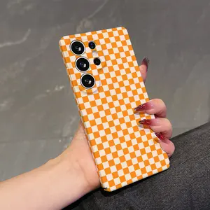 Luxury Checkered Orange on Phone Case Suitable For Samsung Galaxy S26 S25 S24 A37 A57 A56 A26 A36 A17 A07 A55 A35 A06 A05 A14 A24 A34 A54 A16 A05S A25 A15 A23 A53 A33 A73 FE Plus Ultra 4G 5G Lens Protection Anti-Shock Hard PC Back Cover