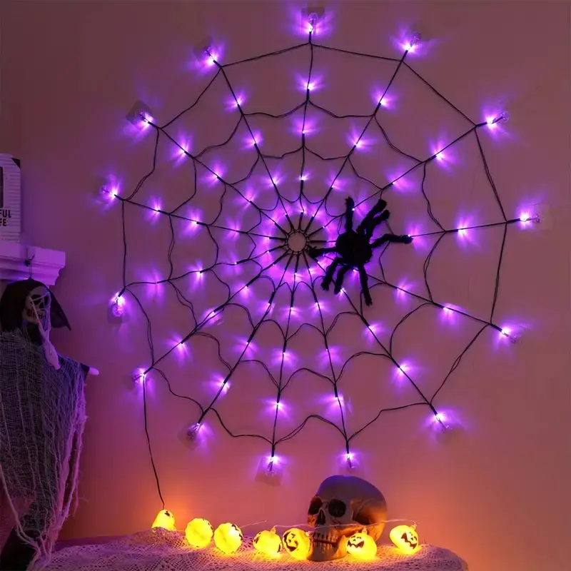 Halloween Spider Net Lights - 4ft Diameter, 70 LED, Remote Control, Purple Festive Outdoor Spooky Home Improvement Novelty Lighting Decorations