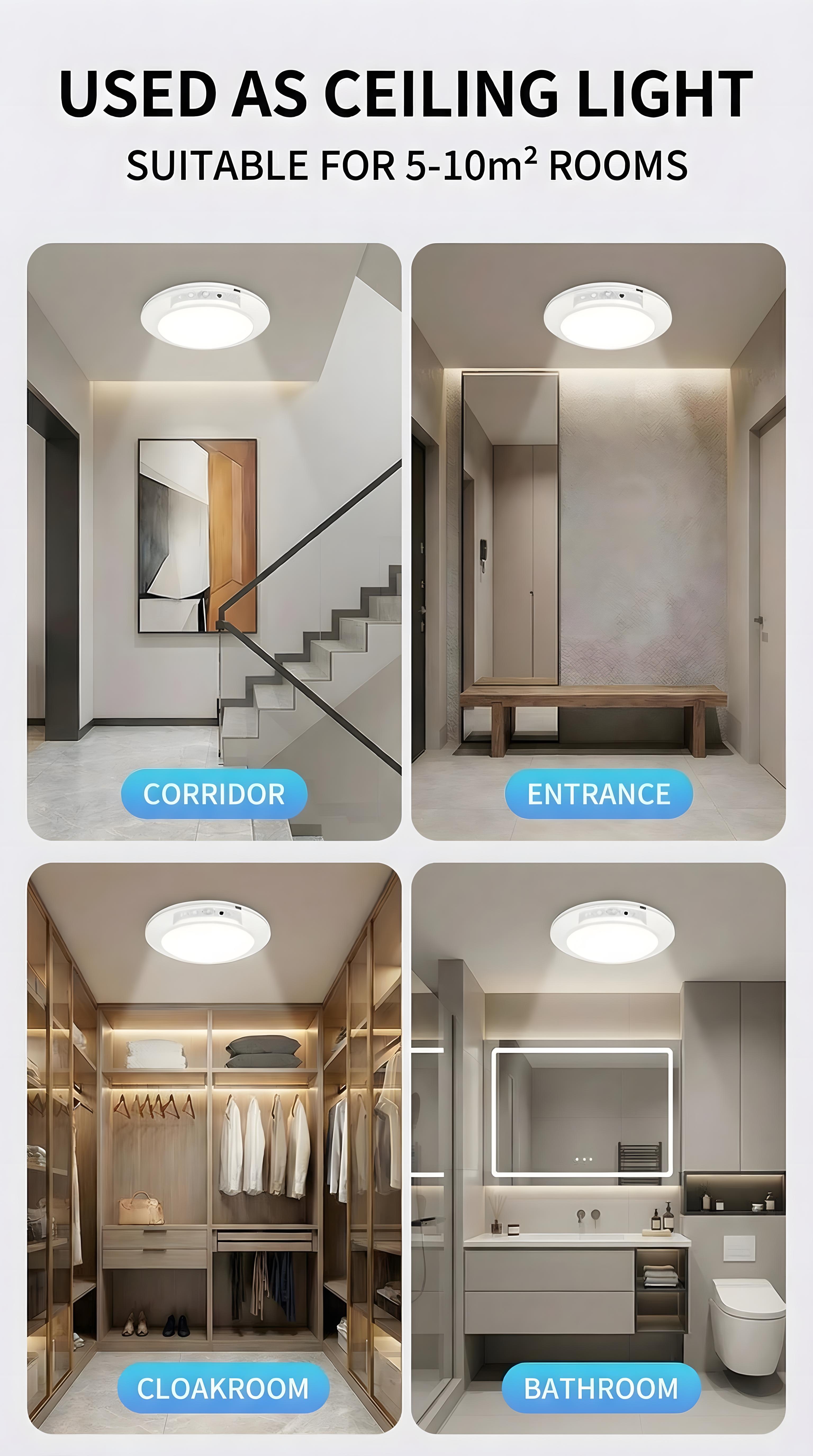 Rechargeable ceiling light with motion sensor and remote — magnetic wireless battery-operated LED light with three color modes for closet, pantry, shower, garage, hallway, and porch