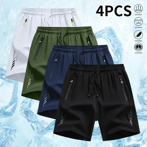 Men's 4-Piece Active Loose-Fit Polyester Sportswear Set with Breathable, Body Cooling, Fashion Casual Athletic Men's Shorts—Ultra-Light, Quick Dry, Adjustable Waistband, Drawstring, Zippered Pockets for Fitness Training, Beach Use (Cold Wash Safe), Breath