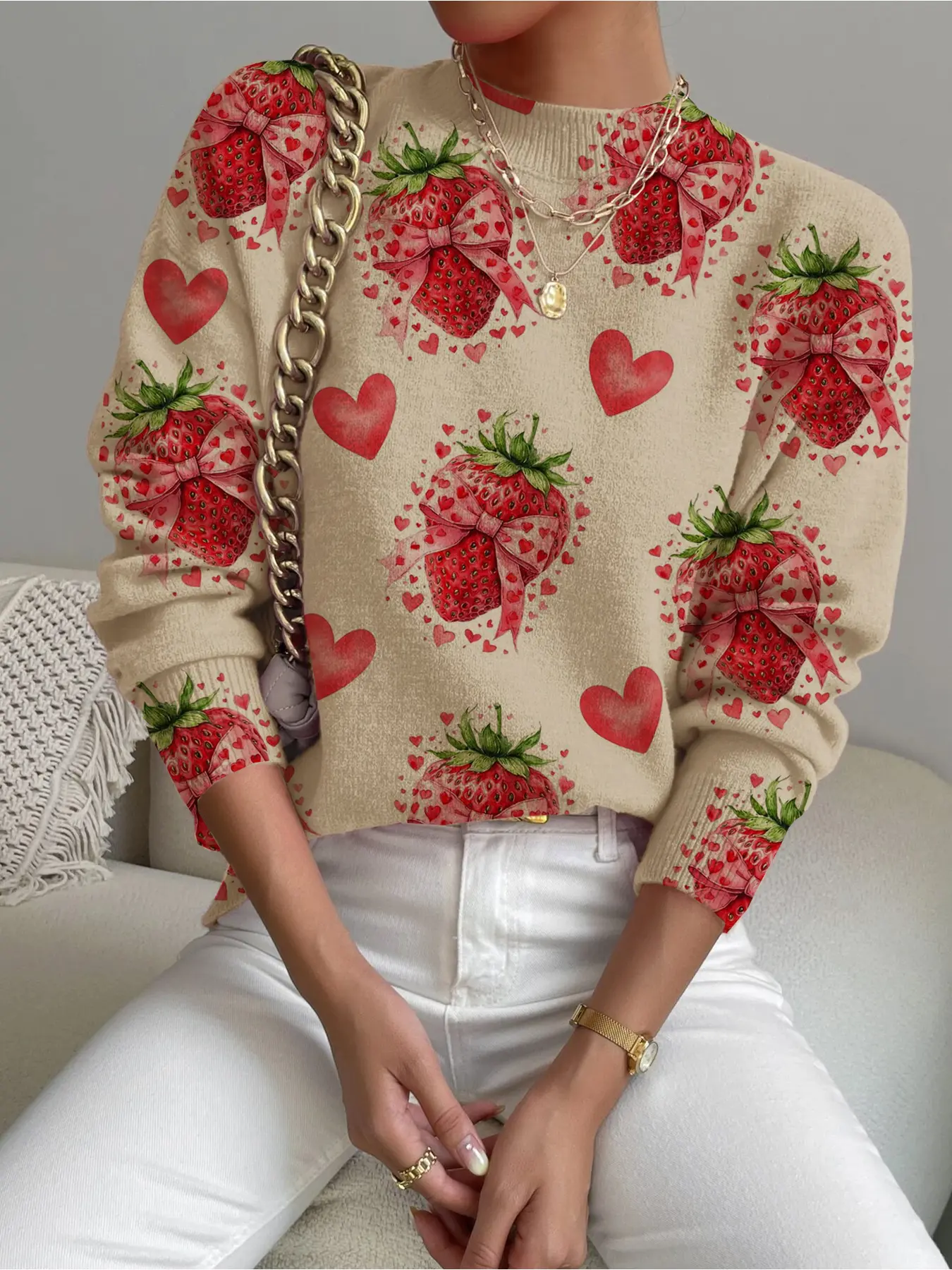 Women's Valentine's Day Strawberry Heart Print Sweater, Casual Long Sleeve Knit Top, Fall Winter Comfortable Warm Clothing