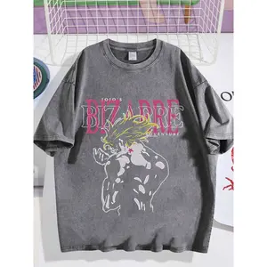 Men's Retro Washed Vintage Short Sleeved T-Shirt, Printed With The Anime "JOJ's Bizarre Adventure", Casual Loose Short Sleeved Top