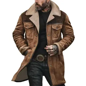 MensWesternCowboyJacketVintageSuedeJacketLongTrenchCoatsZipUpPlushCollarCowboyPeacoatRetroTopsCasualMenswear