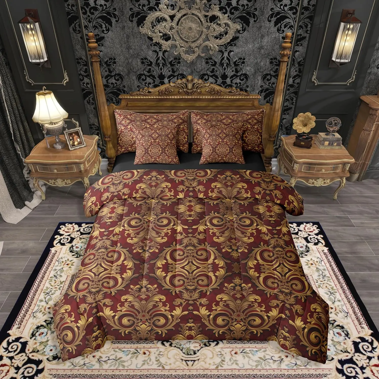 Damask Red Gold Victorian Women Comforter Set 7 Pieces | Gothic Baroque Retro Bed in A Bag Paisley Aesthetic Vintage Bed Set Adults Bedding